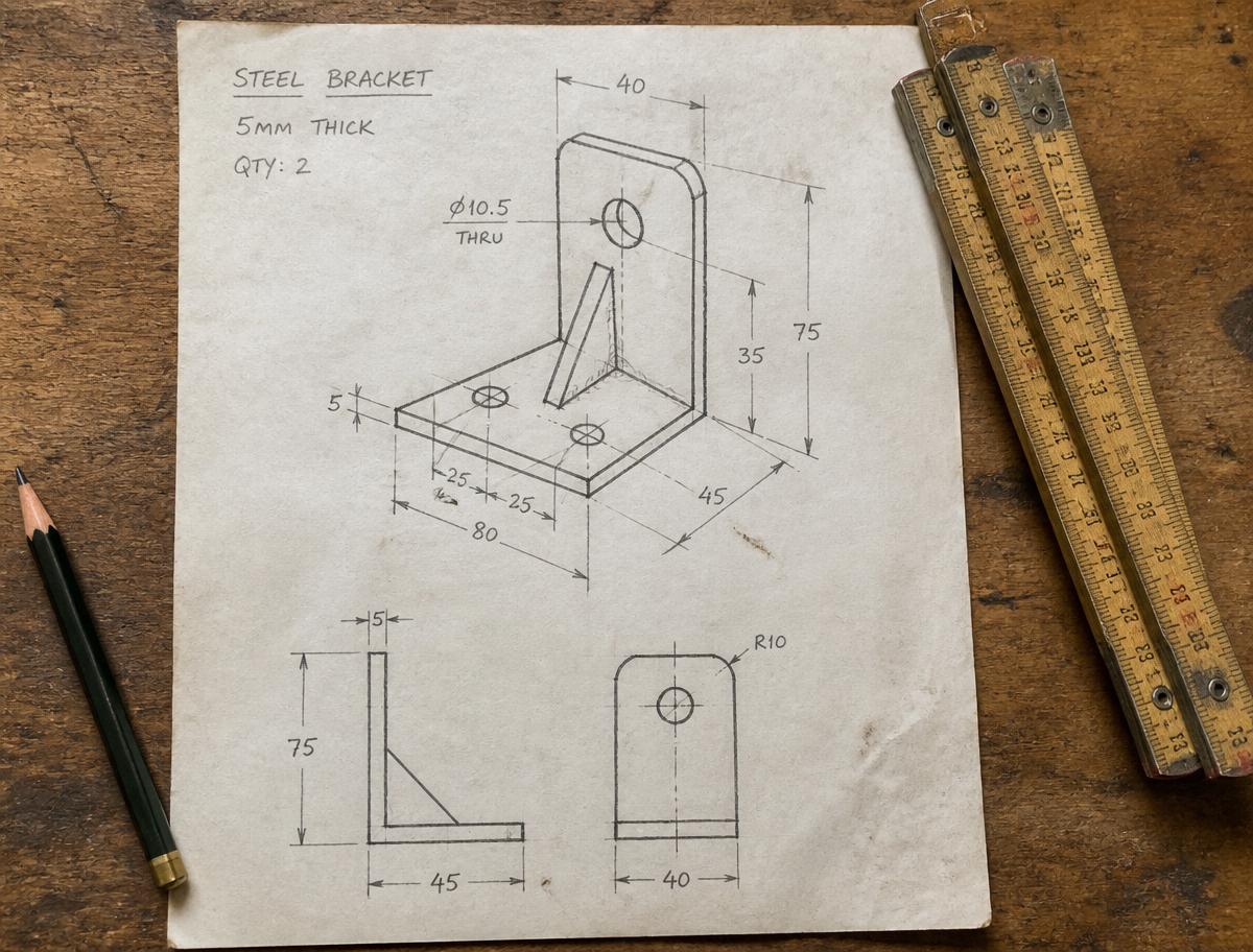 Handgetekende schets van een stalen beugel met maten